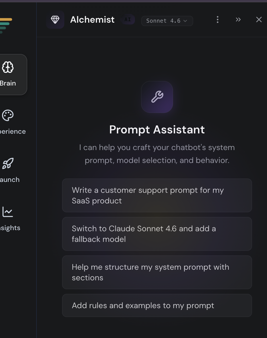 The Alchemist AI builder panel inside AVCodex, showing prompt assistant suggestions